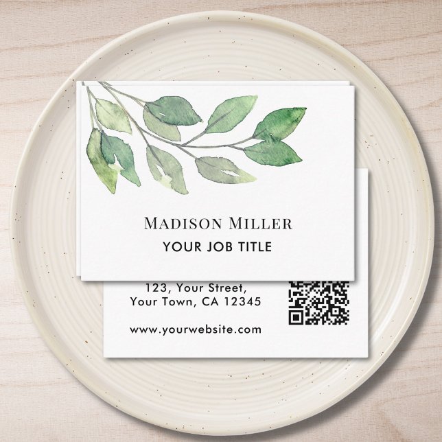 QR Code Modern Greenery Business Card (Creator Uploaded)