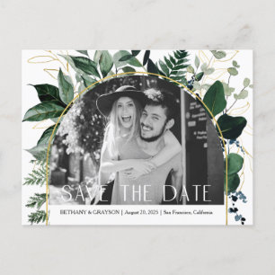 QR code Modern Greenery leaves Photo save the date Announcement Postcard
