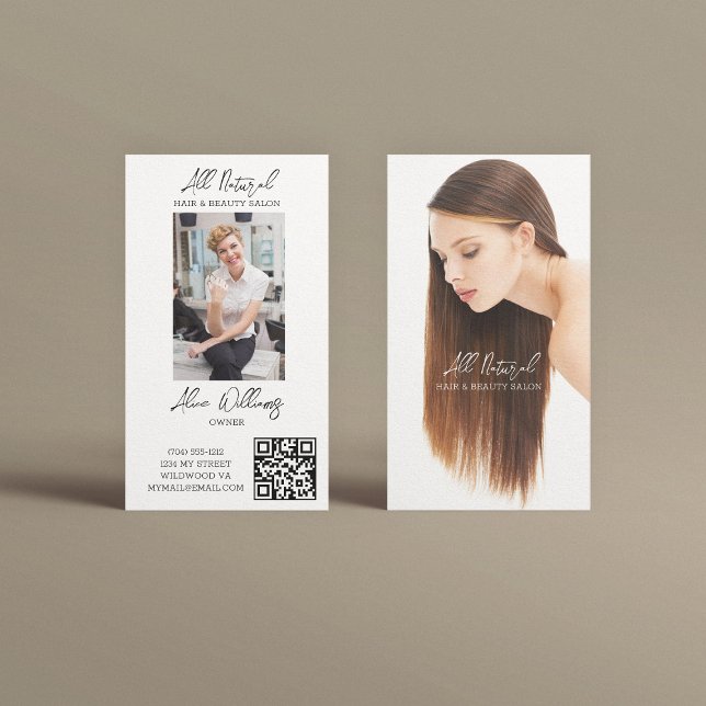 QR Code Modern Hair & Beauty Stylist Salon Photo Business Card (Creator Uploaded)