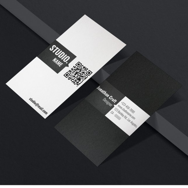 QR Code Modern Ivory Matte Black Minimal Vertical Business Card (Creator Uploaded)