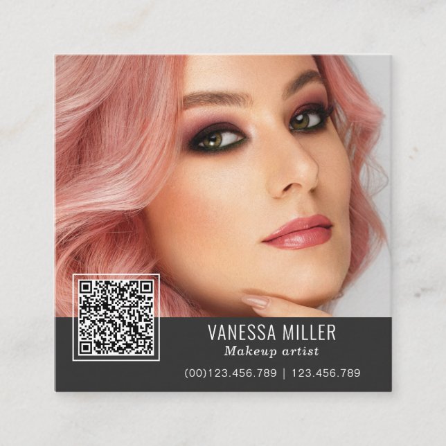 QR Code modern make up artist square Square Busine Business Card (Front)