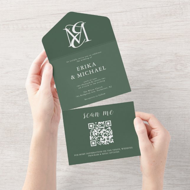 QR Code Modern Minimal Forest Green Wedding All In One Invitation (Tearaway)