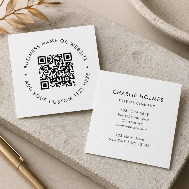 QR Code | Modern Minimal Simple White Professional Square Business Card (Interactive editable QR code square business cards to promote your business, products or services.)