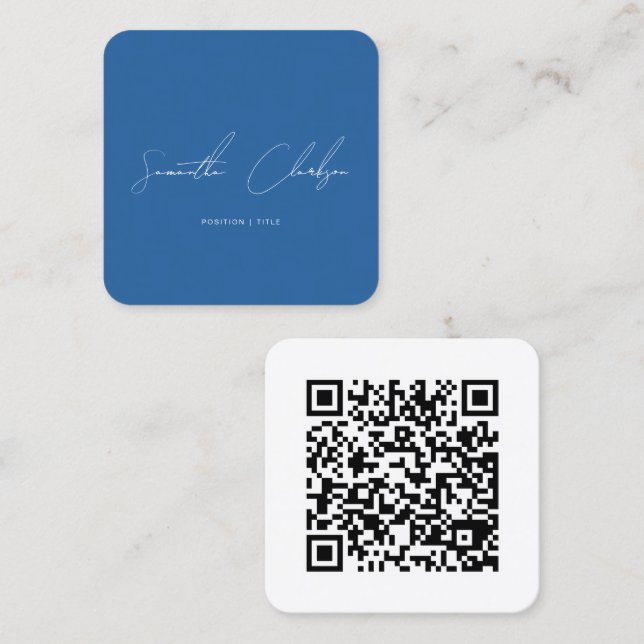 QR Code Modern Minimalist Blue Handwritten Script Square Business Card (Front/Back)