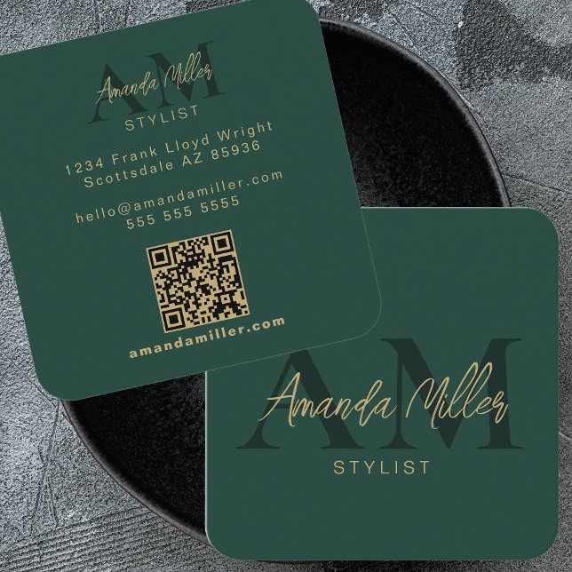 QR Code Modern Minimalist Monogram Vertical Black Square Business Card (Creator Uploaded)