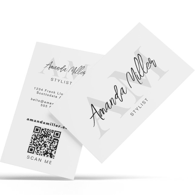 QR Code Modern Minimalist Monogram White Silver Business Card (Creator Uploaded)