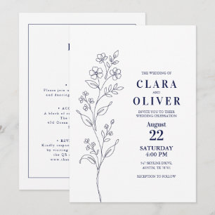 QR Code Modern Navy Blue Floral Line Art Wedding Invitation