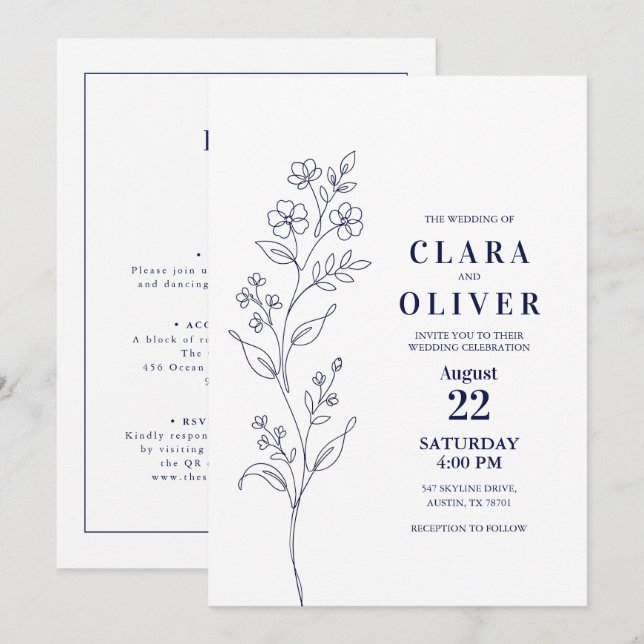 QR Code Modern Navy Blue Floral Line Art Wedding Invitation (Front/Back)