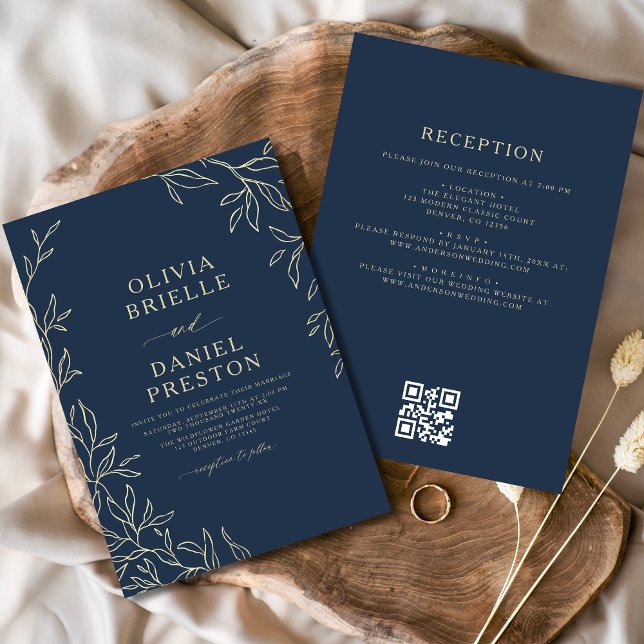 QR Code Modern Navy Blue Gold Minimal Leaf Wedding Invitation (Creator Uploaded)