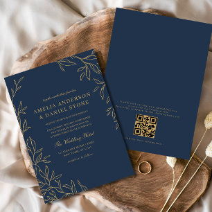 QR Code Modern Navy Blue Gold Minimal Wedding  Invitation