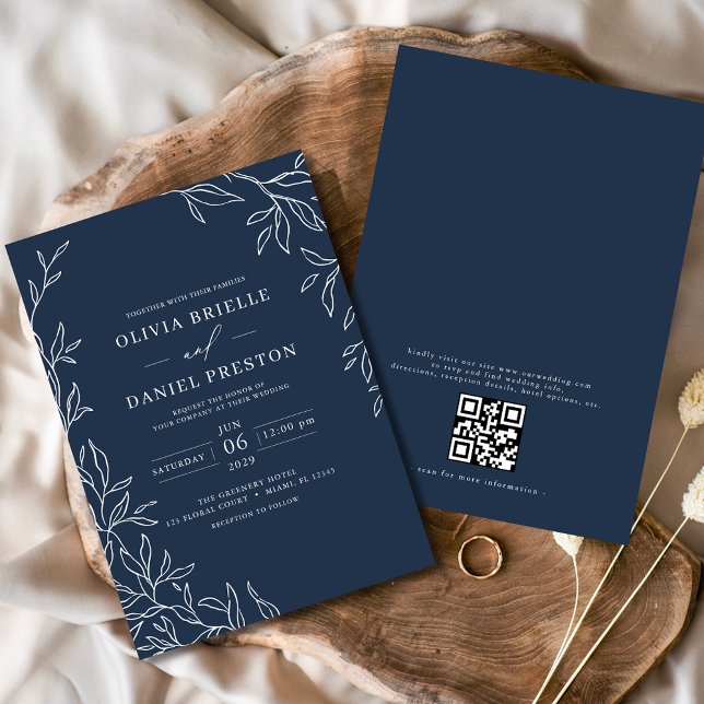 QR Code Modern Navy Blue Minimal Leaf Wedding  Invitation (Creator Uploaded)