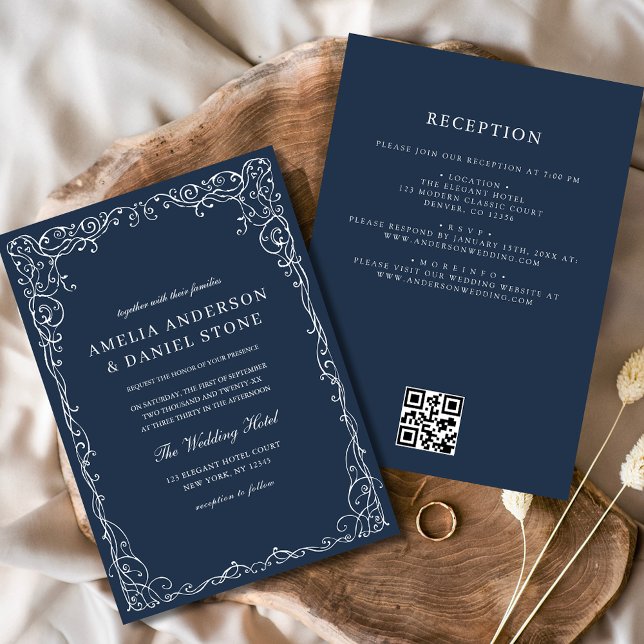 QR Code Modern Navy Blue Minimal Wedding Invitation (Creator Uploaded)