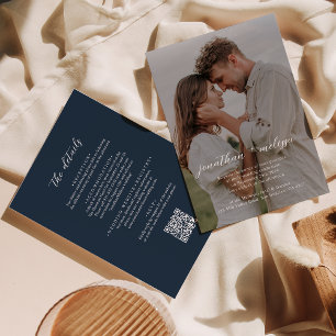 QR Code Modern Navy Blue Overlay Script Wedding Invitation