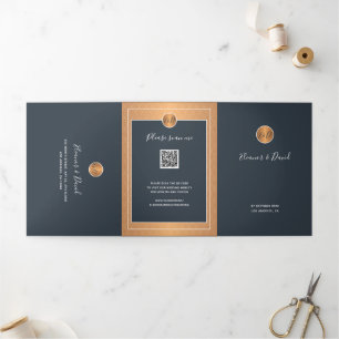 QR CODE modern navy copper gold wedding invitation
