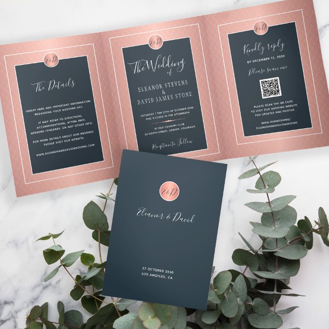 QR CODE modern navy rose gold wedding Tri-Fold Announcement (Creator Uploaded)