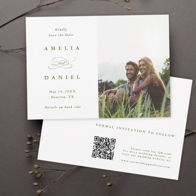 QR code Modern Photo Wedding Olive Green Save The Date (Creator Uploaded)