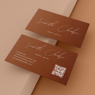 QR Code Modern Pure Terracotta Handwritten Script Business Card