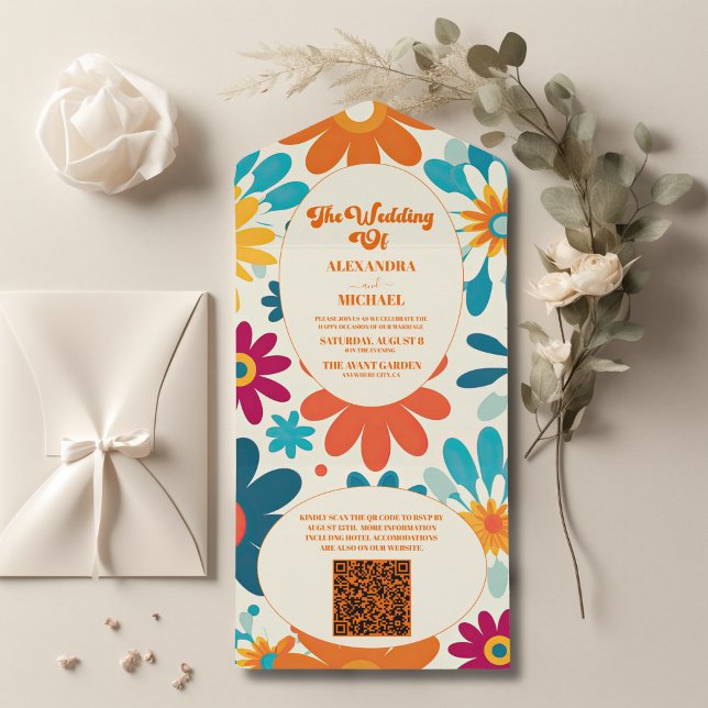QR Code Modern Retro 70's Daisy Wedding All In One Invitation (Creator Uploaded)