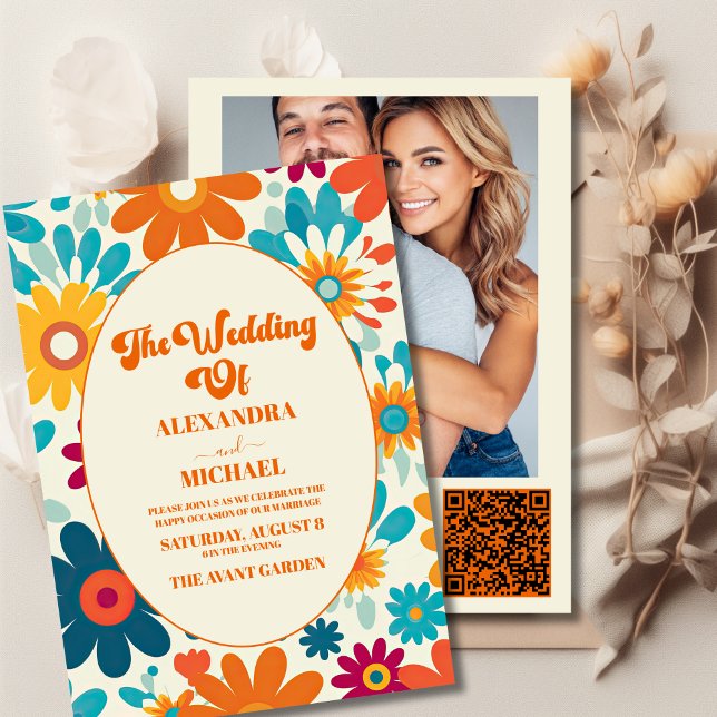 QR Code Modern Retro 70's Daisy Wedding Invitation (Creator Uploaded)