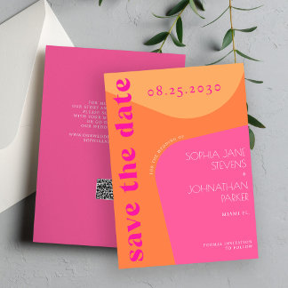 QR code modern retro groovy orange pink wedding Save The Date