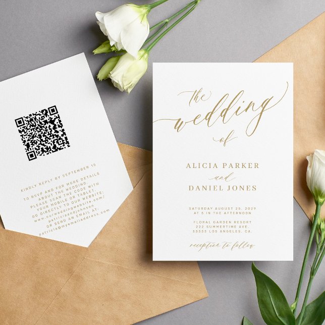 QR code modern romantic elegant gold wedding Invitation (Creator Uploaded)