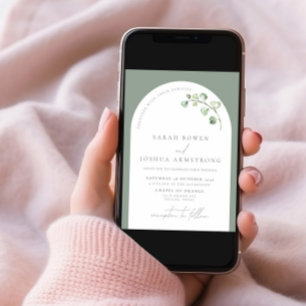 QR Code Modern Sage Green Arch Botanical Wedding Invitation