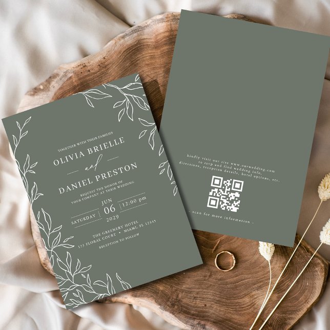 QR Code Modern Sage Green Minimal Leaf Wedding  Invitation (Creator Uploaded)