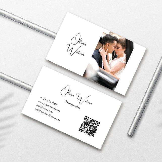 QR Code Modern Script Minimalist Photographer Business Card (Creator Uploaded)