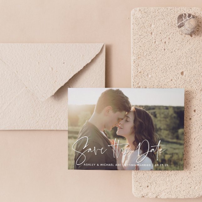 QR Code Modern Script Photo Wedding Save The Date Announcement (Save the Date for our wedding!  #LoveBegins)