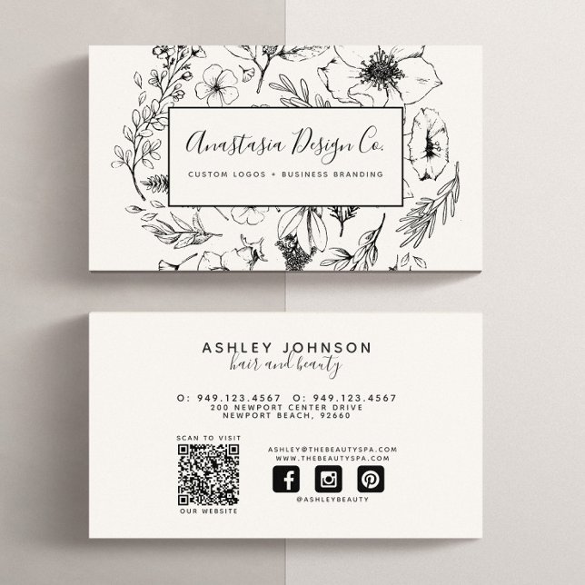 QR Code Modern Social Media Botanical Blush Script Business Card (QR Code Social Media Business Card)