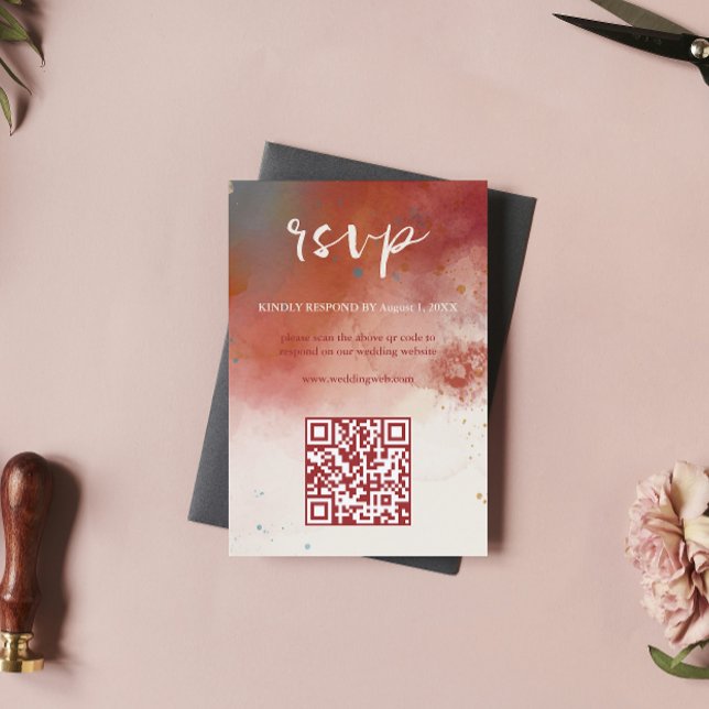 QR Code Modern Watercolor Terracotta Boho Wedding RSVP Card (Creator Uploaded)