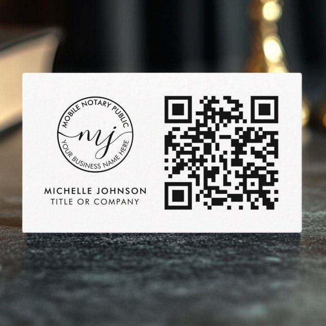 QR Code Modern White Notary Business Cards (Modern White QR Code Notary Business Card on Professional Notary Desk)