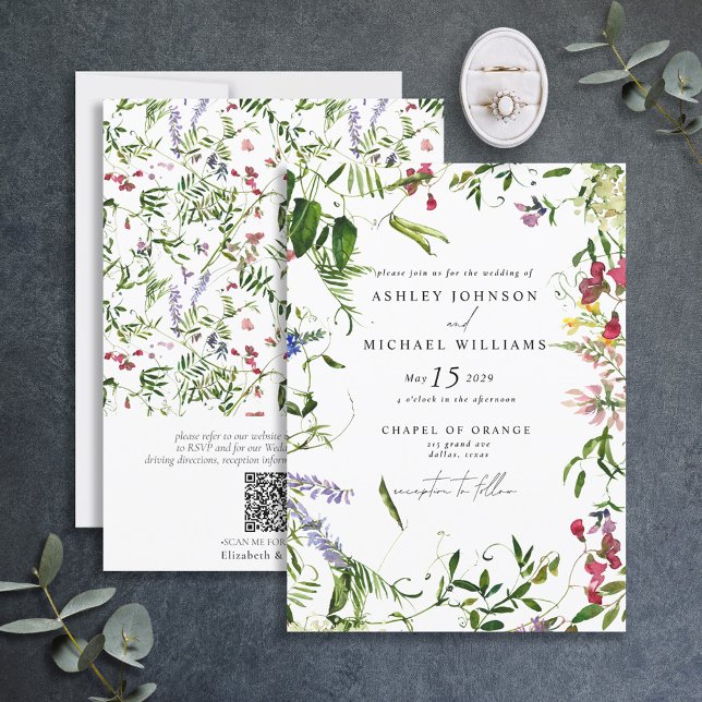 QR Code Modern Wildflower Botanical Floral Wedding Invitation (Creator Uploaded)