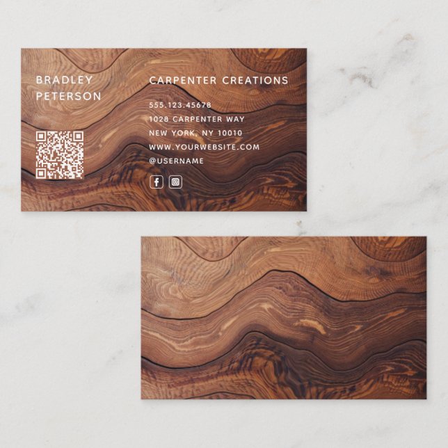 QR Code Modern Wooden Carpentry Construction Business Card (Front/Back)