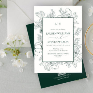 QR Code Monogram Elegant Emerald Green Floral Line Invitation