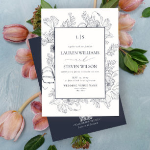QR Code Monogram Elegant Navy Blue Floral Line Art Invitation