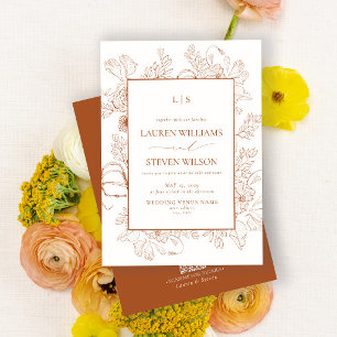 QR Code Monogram Orange Floral Line Art Wedding Invitation
