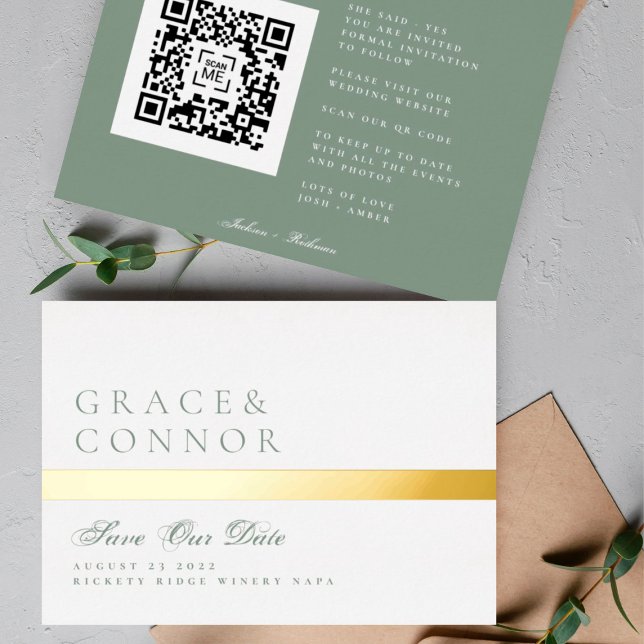 QR Code Moss Green Stripe Photo Save The Date (Creator Uploaded)