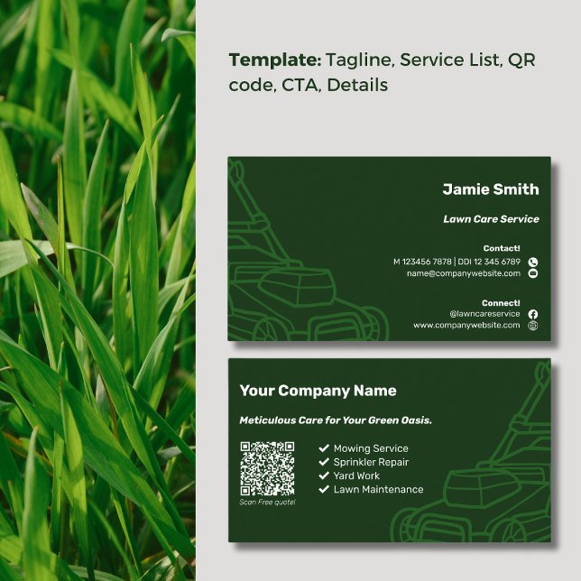 QR Code Mower Outline Custom Dark Green Lawn Care Business Card (QR Code Mower Outline Custom Dark Green Lawn Care Business Card, Service List, Icons)