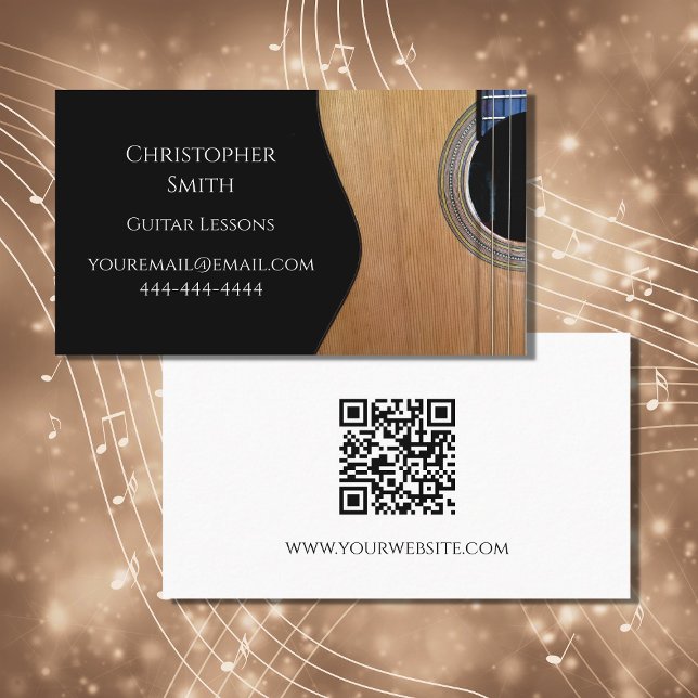 QR code Music Lessons Guitar Black White Business Card (Creator Uploaded)