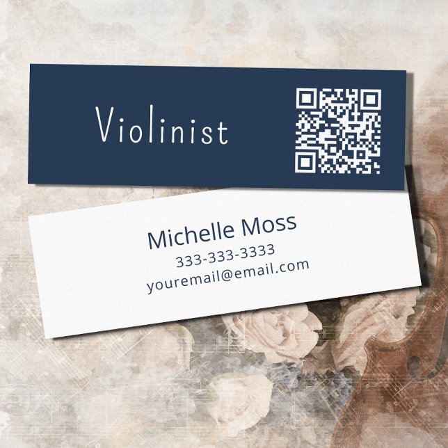 QR code Music Minimalist Violinist Blue Mini Business Card (Creator Uploaded)
