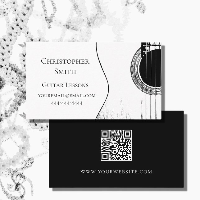QR Code Musical Black White Guitar Lessons  Business Card (Creator Uploaded)