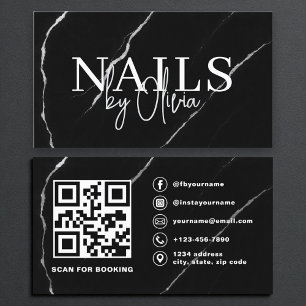 QR Code Nail Specialist Artist Black Silver Marble Business Card