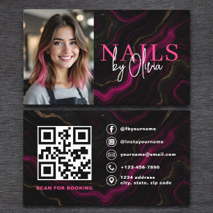 QR Code Nail Specialist Photo Hot Pink Marble  Business Card