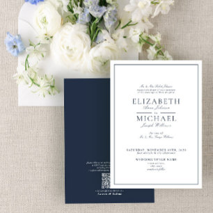 QR Code Navy Blue Classic Script Wedding Invitation