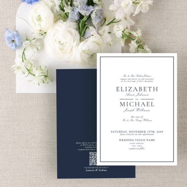 QR Code Navy Blue Classic Script Wedding Invitation (Creator Uploaded)