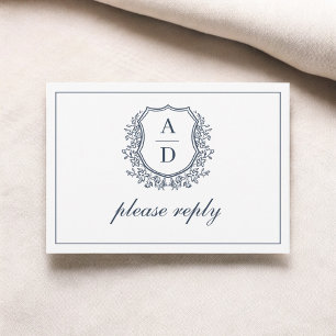 QR Code Navy Blue Crest Monogram Wedding RSVP Card