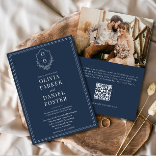QR Code Navy Blue Crest Photo Elegant Wedding Invitation