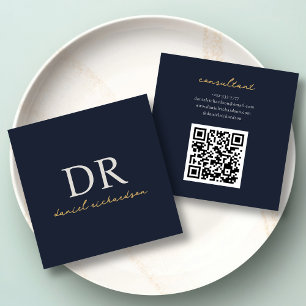 Qr Code Navy Blue & Gold Initial Monogram Square Business Card