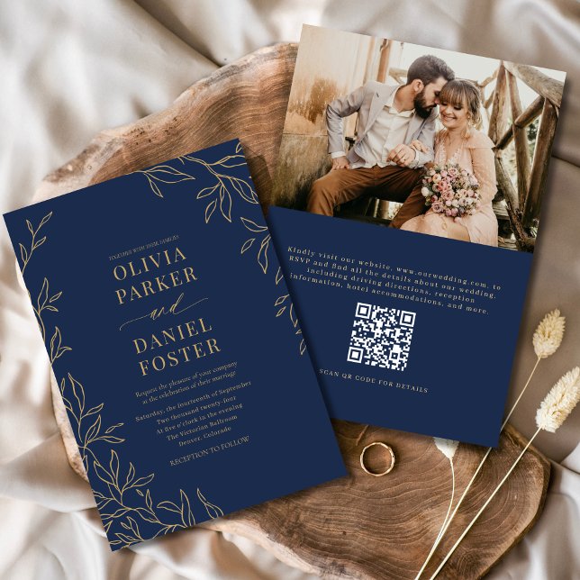 QR Code Navy Blue Gold Photo Elegant Wedding Invitation (Creator Uploaded)